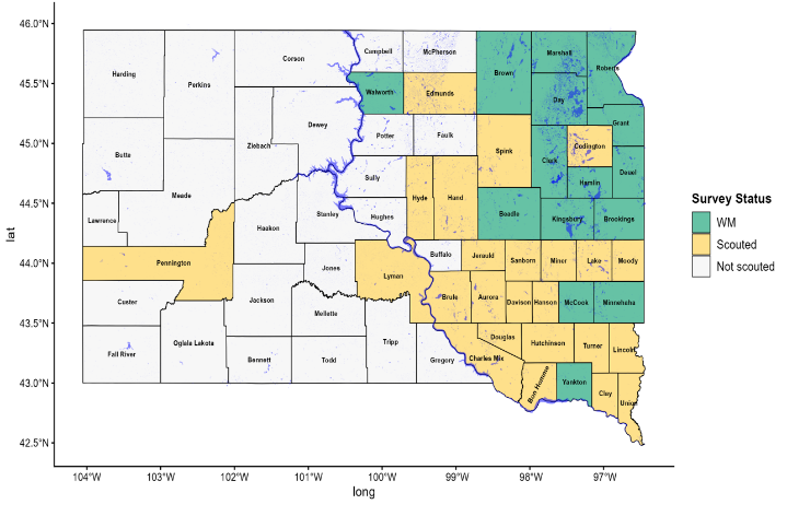 South Dakota soybean disease survey coverage map.